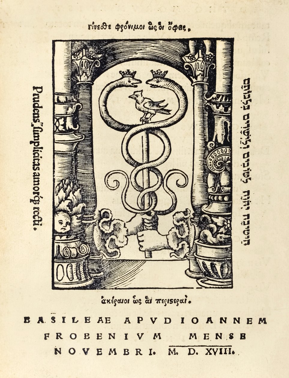 Printermærke af Johann Frobens (ca. 1460 -1527), der viser to hænder, der holder caduceus fra 1518 tredje udgave af 