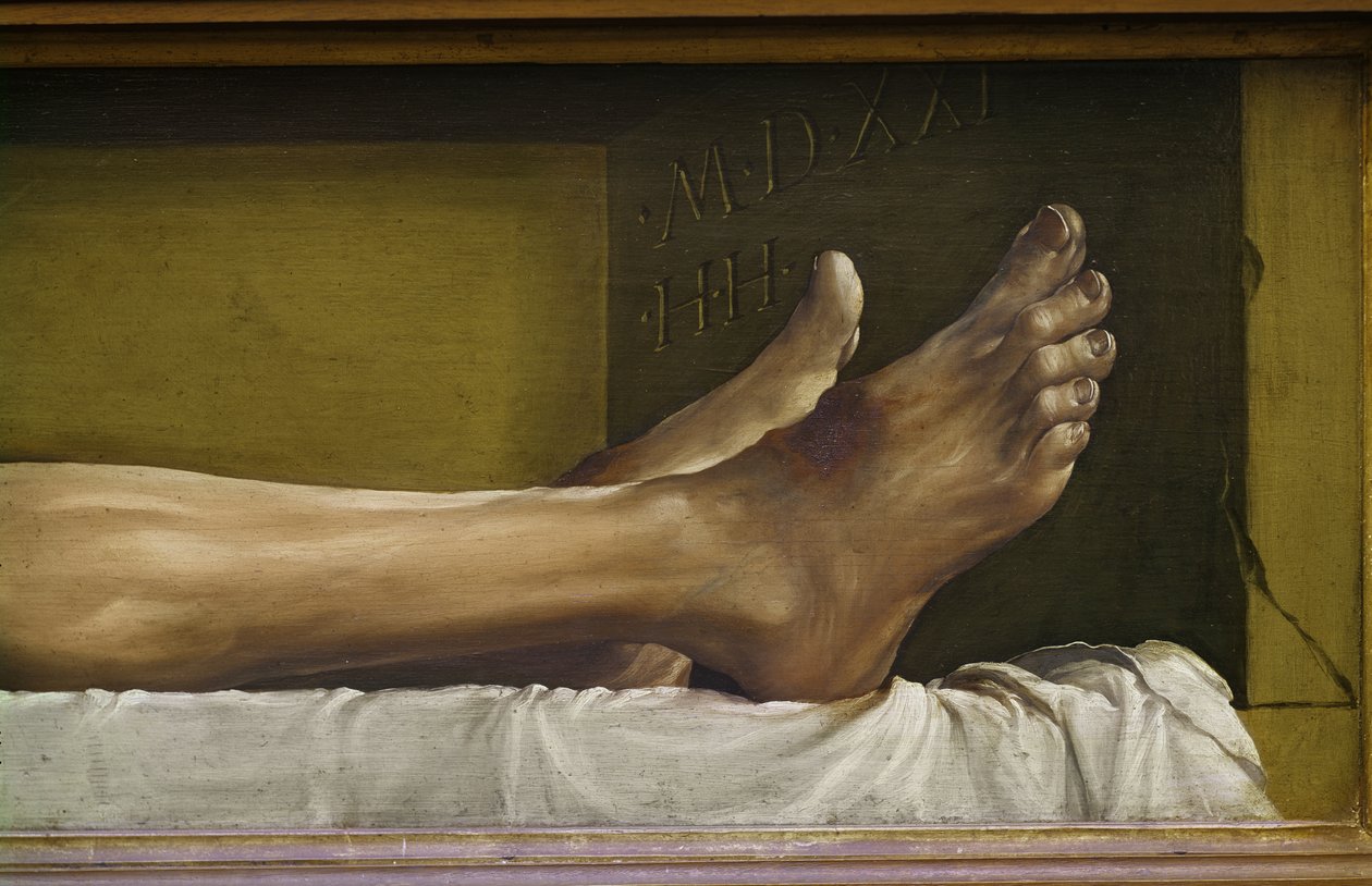 The Body of the Dead Christ, detalje af fødderne og signatur og dato for værket, 1521 tempera på limewood af Hans Holbein der Jüngere