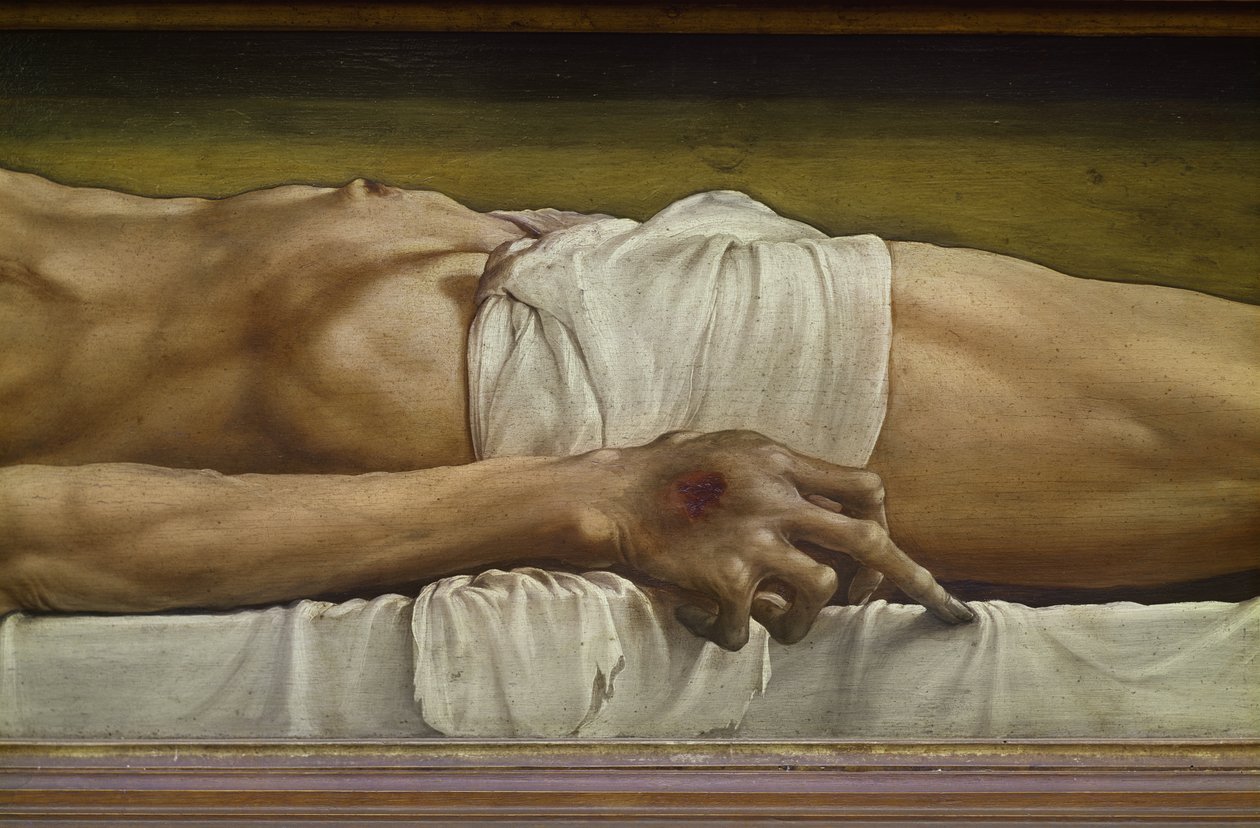 The Body of the Dead Christ, detalje af hånden, 1521 tempera på limewood af Hans Holbein der Jüngere