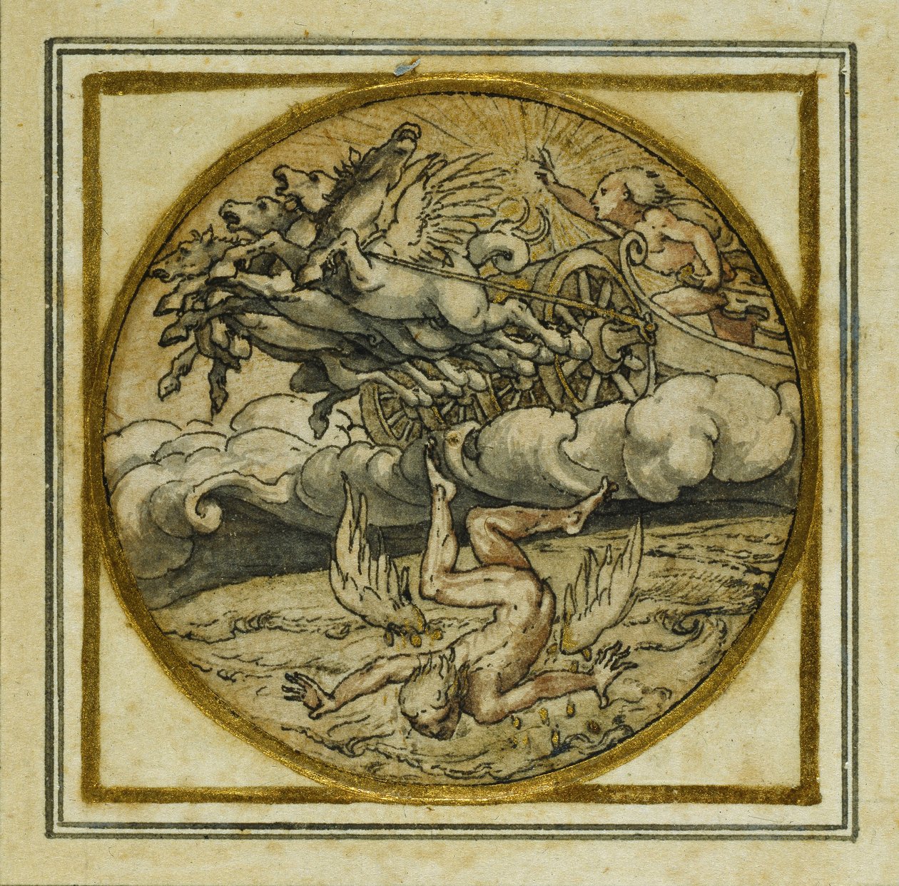 The Fall of Icarus - Design til et vedhæng eller hat-emblem, ca. 1532-43 (pen & blæk på papir) af Hans Holbein der Jüngere