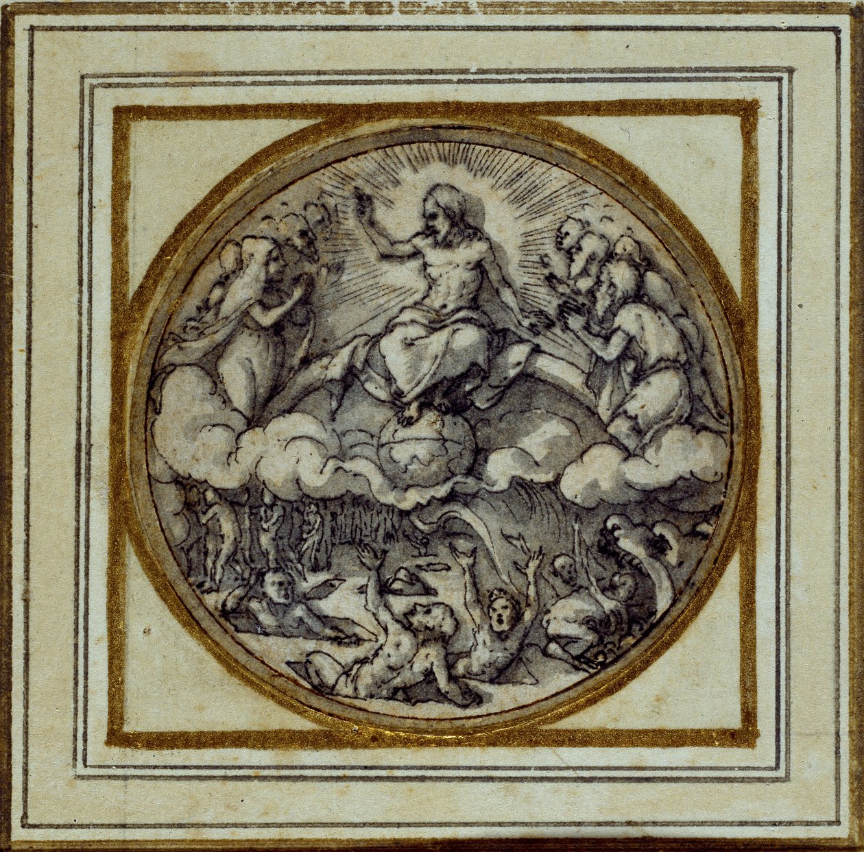 The Last Judgment - Design til et vedhæng eller hat-emblem, ca. 1532-43 (pen & blæk på papir) af Hans Holbein der Jüngere