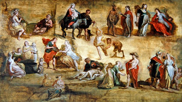 Mytologiske og religiøse scener: A Workshop Modello (olie på panel) af Hans III Jordaens
