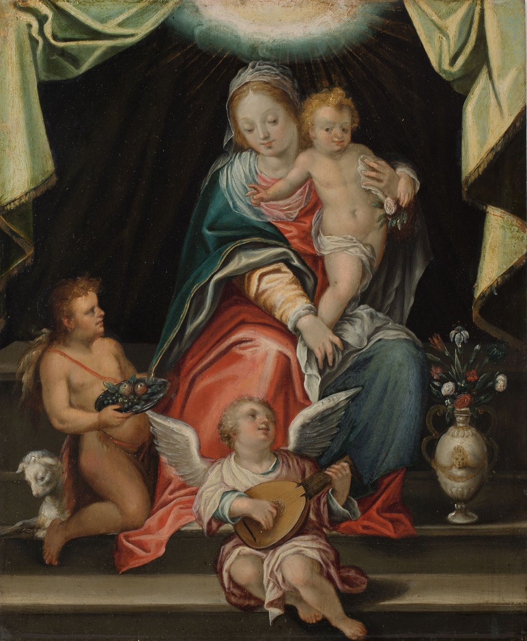 Tronende Madonna (olie på kobber) af Hans I or Johann Rottenhammer