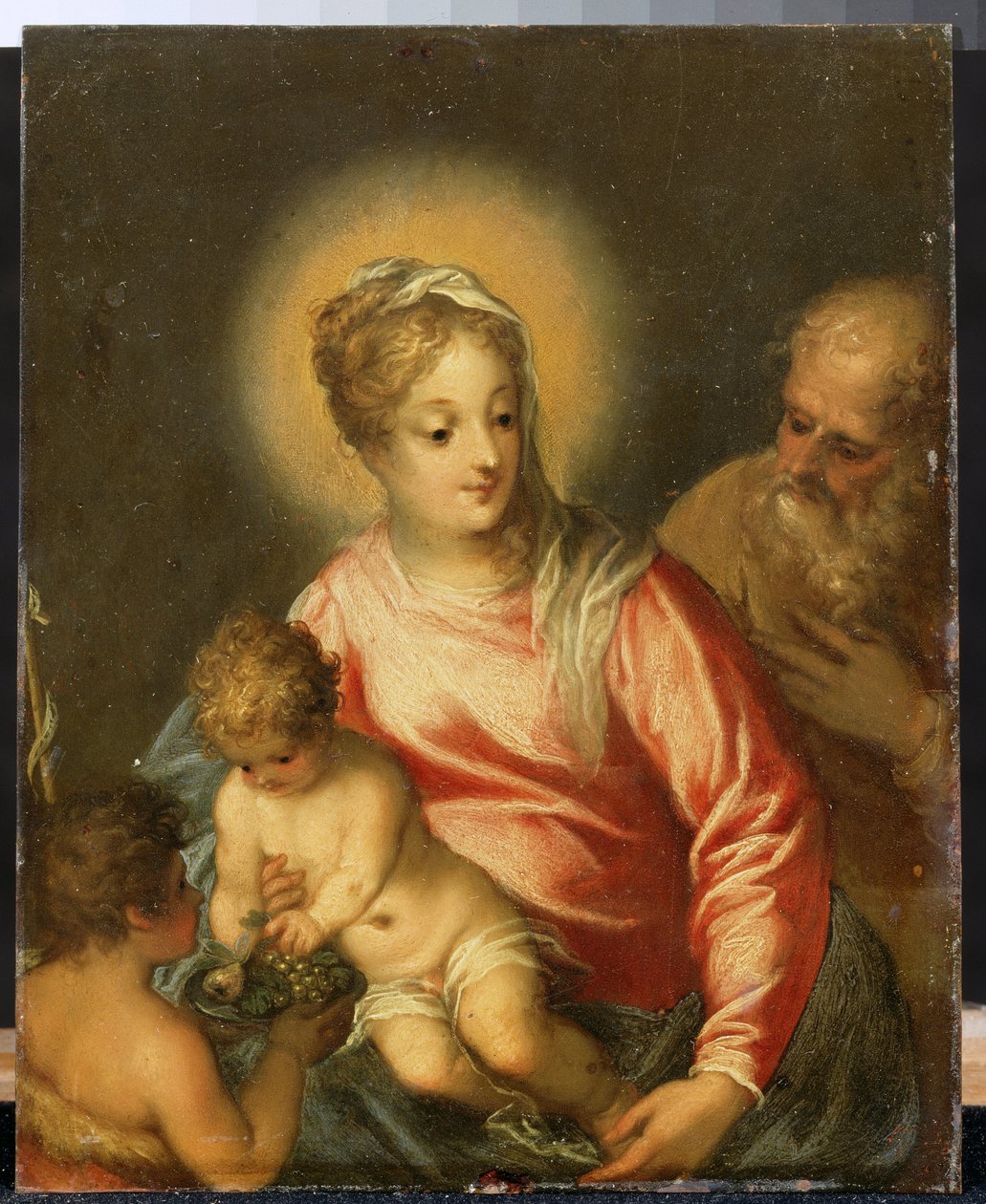 Den hellige familie med Johannes Døberen. Maleri af Hans Rottenhammer Lyske (1564-1625). Olie på kobber, 27,5 x 35 cm, slutningen af ​​det 16. tidlige 17. århundrede. Tysk kunst, barokstil. Pushkin Fine Arts Museum, Mos af Hans I or Johann Rottenhammer