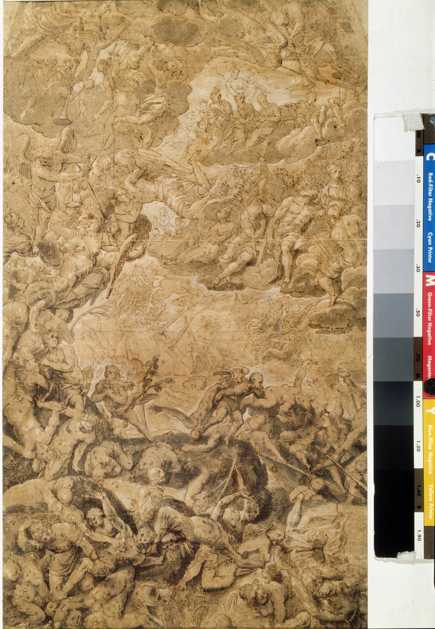 Den sidste dom. Tegning af Hans Rottenhammer, Lyske (1564-1625). Grisaille på papir, 53,7 x 31,6 cm, ca. 1590. Tysk kunst, Manierisme. Pushkin Museum of Fine Arts, Moskva. af Hans I or Johann Rottenhammer