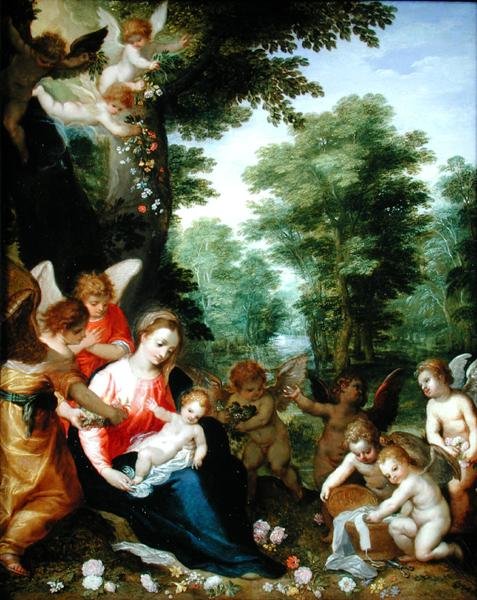 Madonna og barn med engle i et landskab (olie på kobber) af Hans I or Johann Rottenhammer