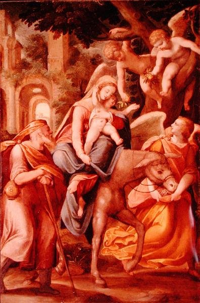 Flugten til Egypten (olie på kobberpanel) af Hans I or Johann Rottenhammer