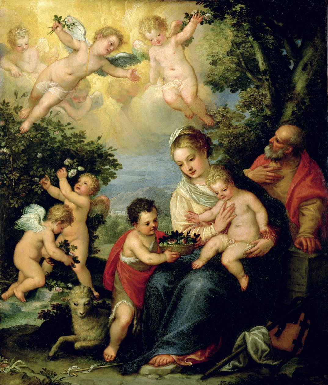 Den hellige familie med St. Johannes Døberen og blomsterudleveringsengle, (olie på kobber) af Hans I or Johann Rottenhammer