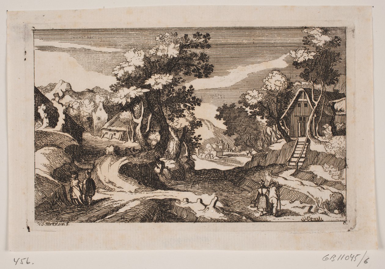 Kuperet landskab med bondehuse. Forrest en mælkepige og en bonde med høtyv af Hans Jørgen Kirksteen