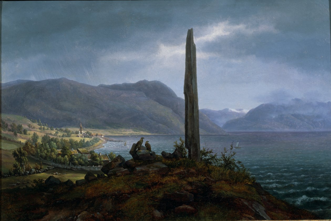 Frithjof-mindestenen på Leikanger ved Balestrand i Soon (olie på lærred) af Hans Leganger Reusch