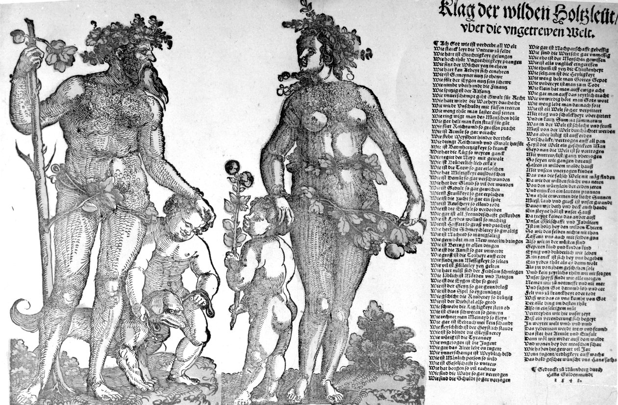 Broadside om de vilde skovmænds tilbagetrækning fra en verden, der har forandret sig til det værre, træsnit udført af Hans Guldenmundt, 1545 af Hans Leonard Schaufelein