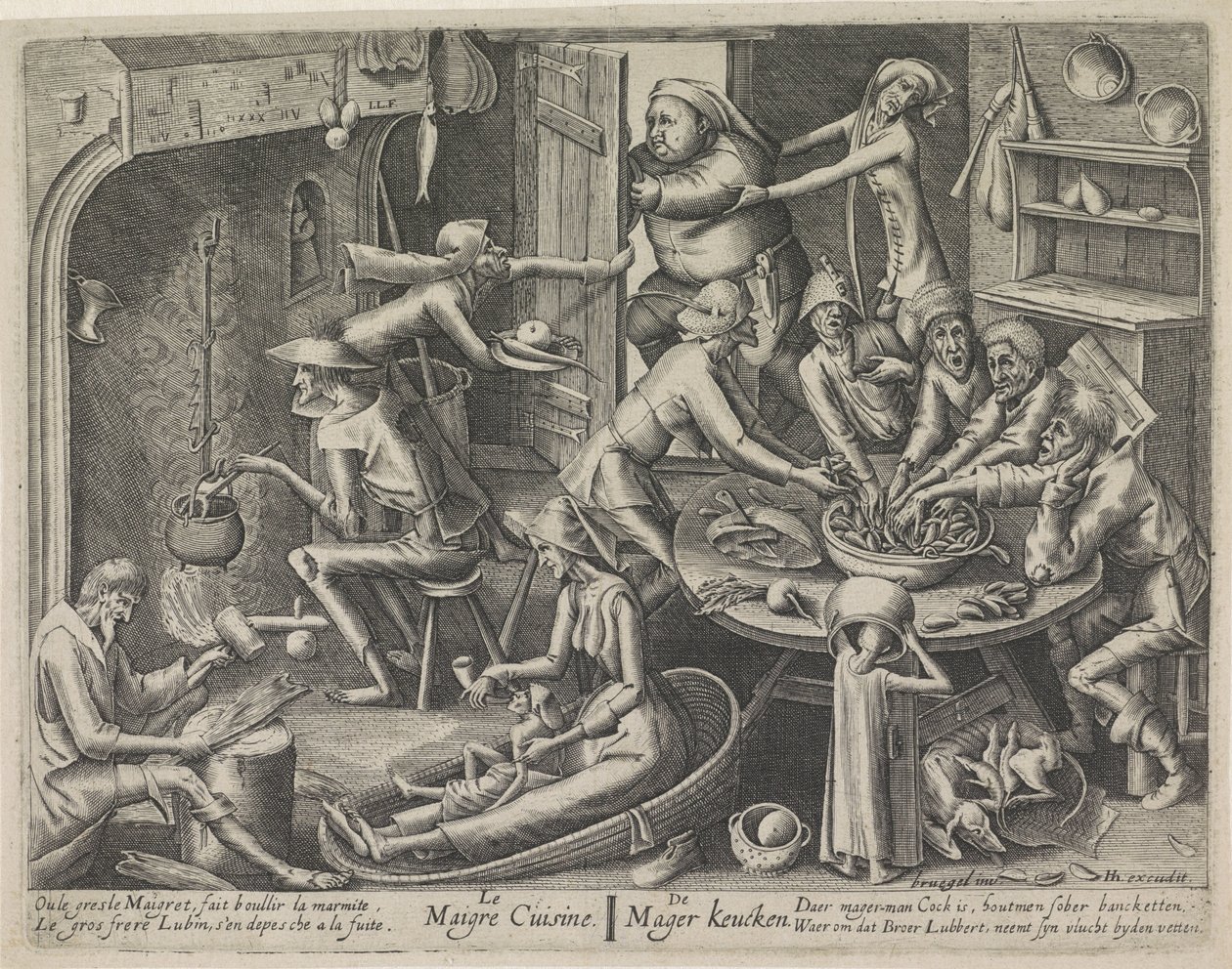 tyndt køkken Le Maigre Cuisine / The Skinny Keucken (titel på objekt) Magert køkken og det fedtede køkken (serietitel) af Hans Liefrinck (I) (possibly)