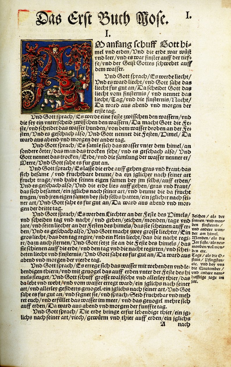 Åbningssiden i Første Mosebog i Martin Luthers bibeloversættelse af 1534 af Hans Luft