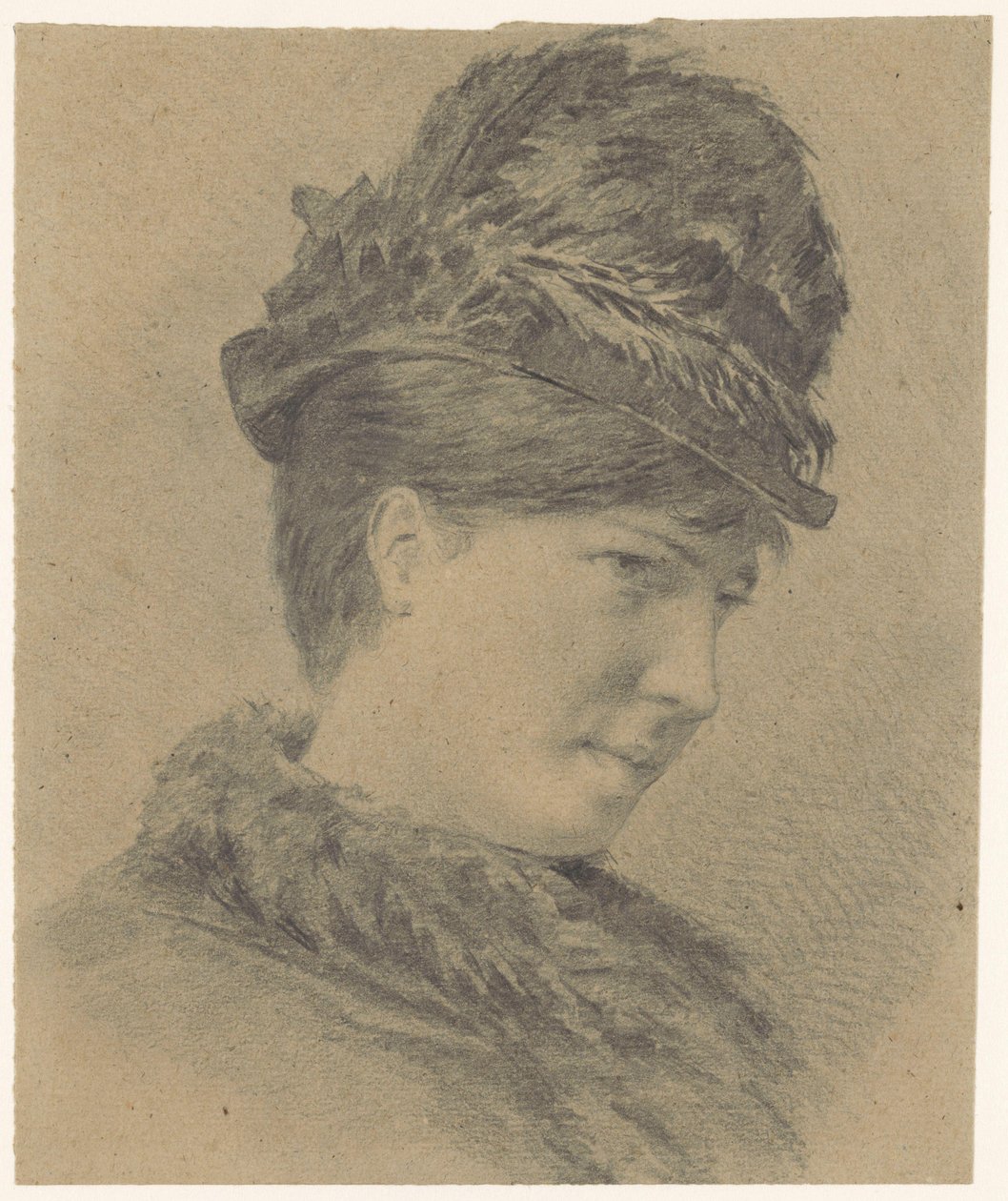 Portræt af en ung kvinde med en hat med fjer af Hans Makart (possibly)