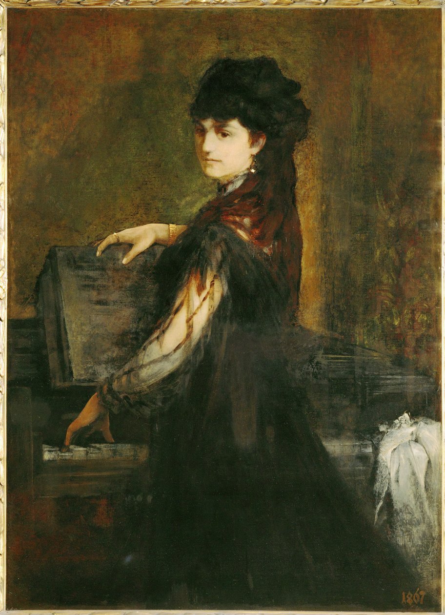 Amalie Makart, født Rothmayr, kunstnerens første kone, ved klaveret ... (maleri på lærred) af Hans Makart