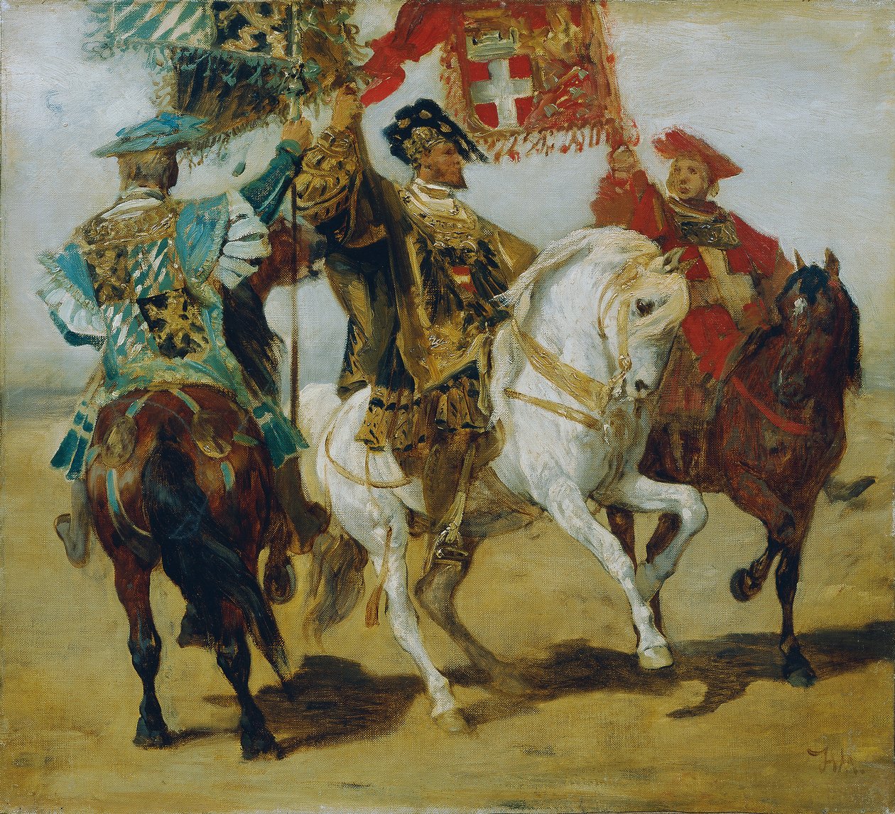 Tre monterede standardbærere af Hans Makart
