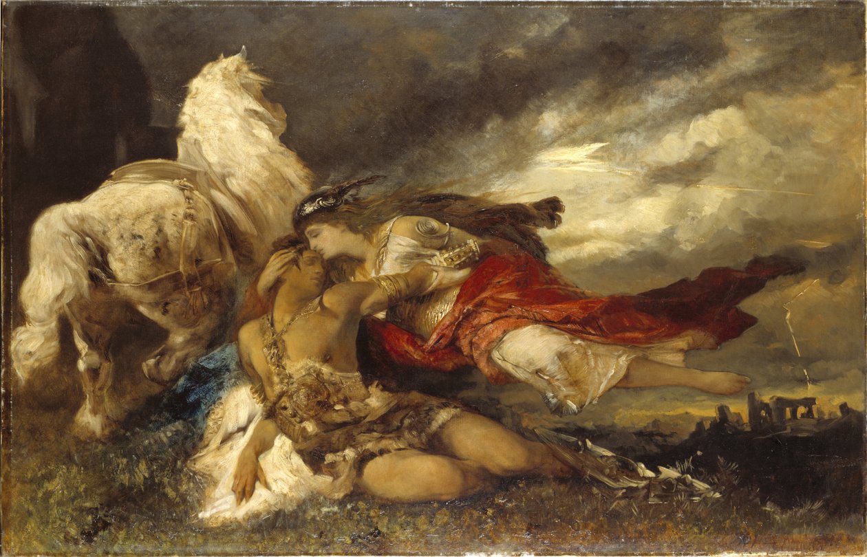 Valkyrie et un heros mourant - Valkyrie and a Dying Hero, af Makart, Hans (1840-1884). Olie på lærred. Mål: 130x200 cm. Nationalmuseum Stockholm af Hans Makart