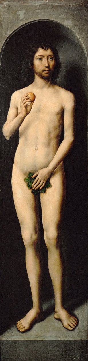Adam. Sidefløjen af Johannes Døberens Lille Triptykon - Hans Memling (1433/40-1494). Olie på træ, ca 1485. Mål: 69,4x17,2 cm. Kunsthistorisk museum, Vienne af Hans Memling