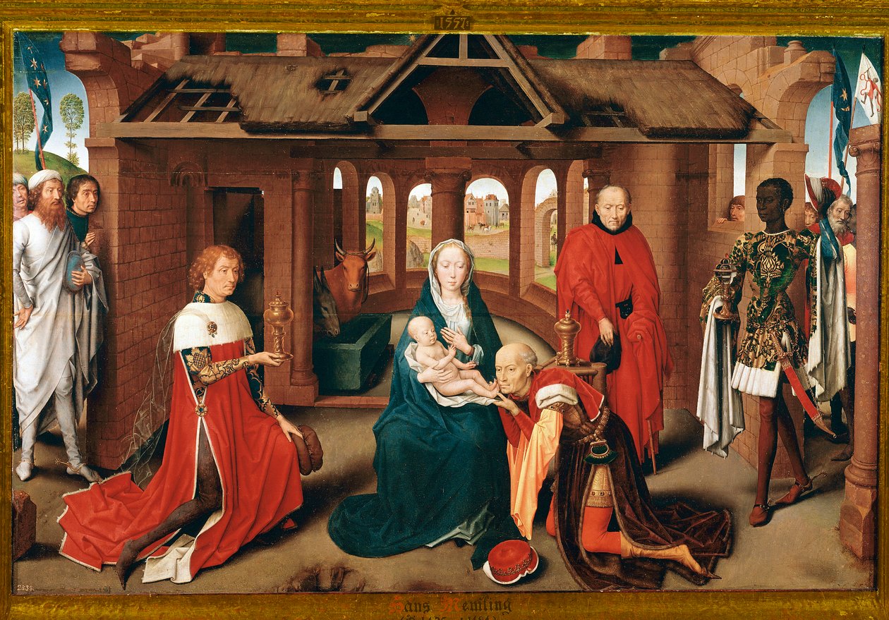 Tilbedelse af Magi. Centralpanel af triptykonen Prado (olie på træ, ca. 1470) af Hans Memling