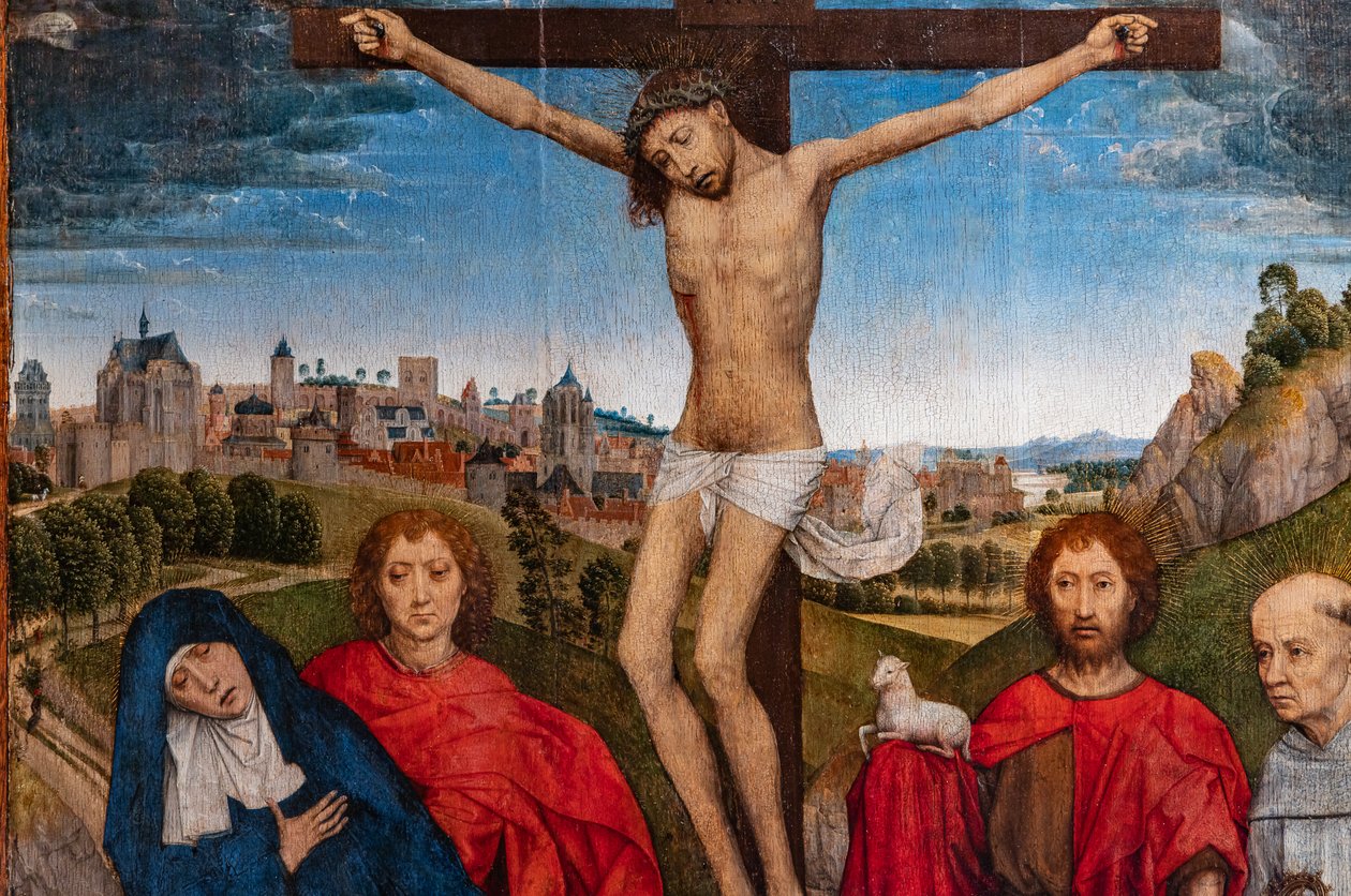 Korsfæstet Kristus med Jomfruen, Døberen St. Johannes og evangelisten, Mary Magdalena og to cistercienske abbotter, detaljer af Hans Memling
