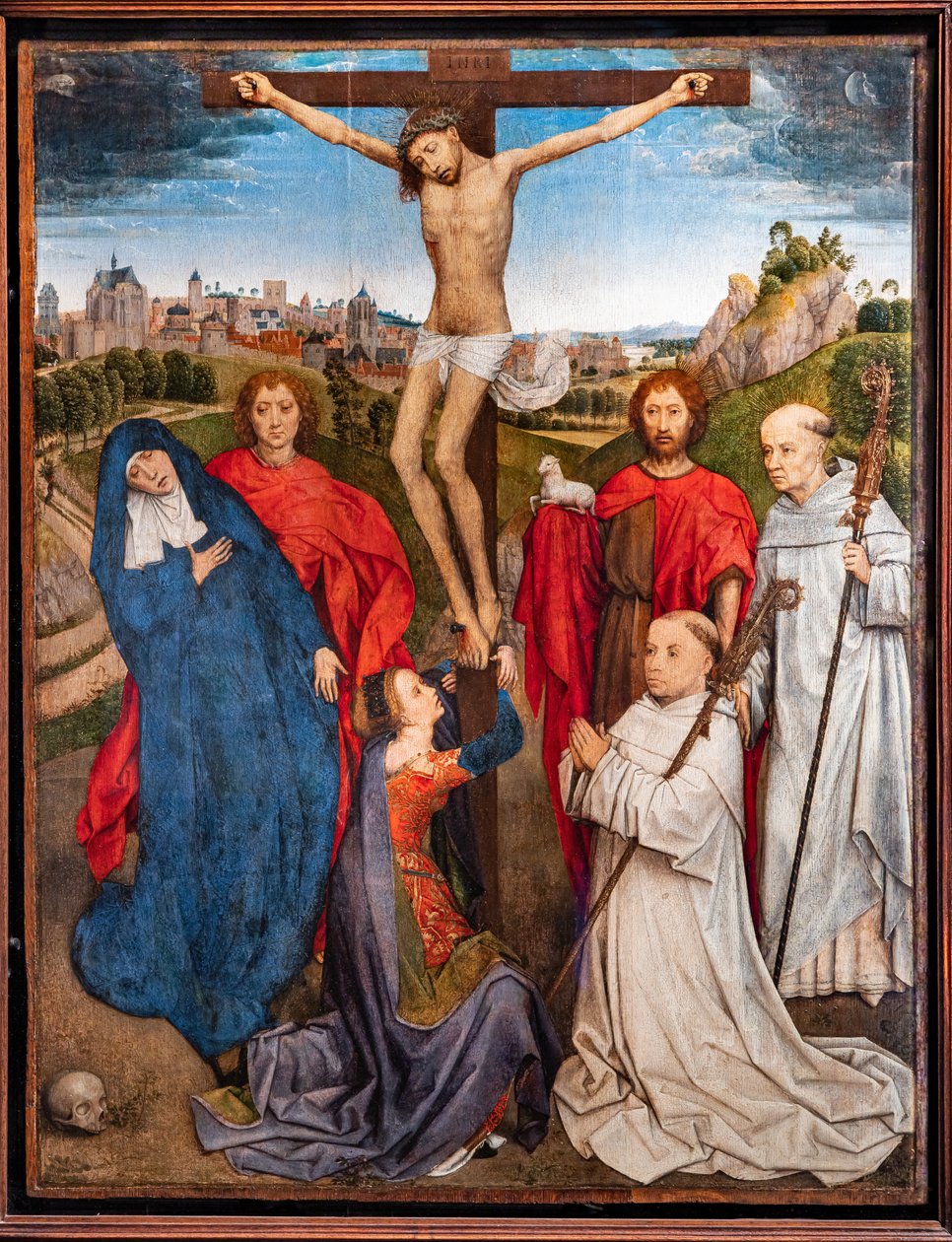Den korsfæstede Kristus med jomfruen, Johannes Døberen og evangelisten, Maria Magdalena og to cistercienserabbeder af Hans Memling