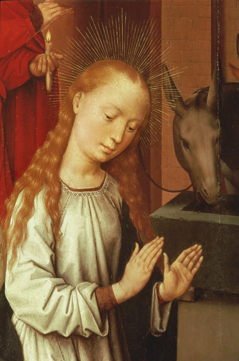 Detalje af jomfruen fra en fødselsscene af Hans Memling