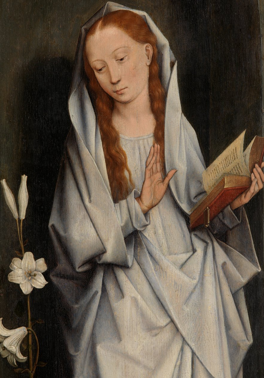 Detalje af Jomfruen, fra bagsiden af et par vinger, der viser bebudelsen (olie på panel) af Hans Memling