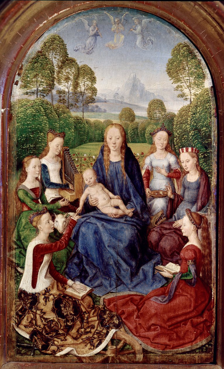 Diptykon af Jean du Cellier: Jomfru og seks helgener (olie på panel af Hans Memling