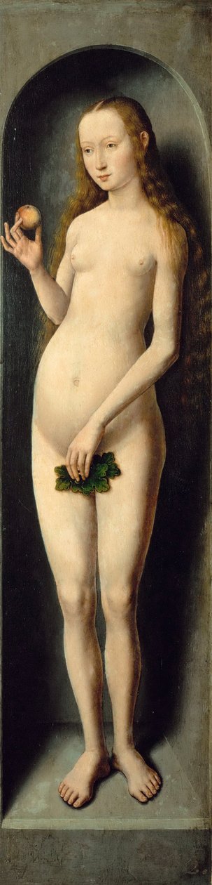 Eva. Sidefløjen af Johannes Døberens Lille Triptykon - Hans Memling (1433/40-1494). Olie på træ, ca 1485. Mål: 69,3x17,3 cm. Kunsthistorisk Museum, Vienne af Hans Memling