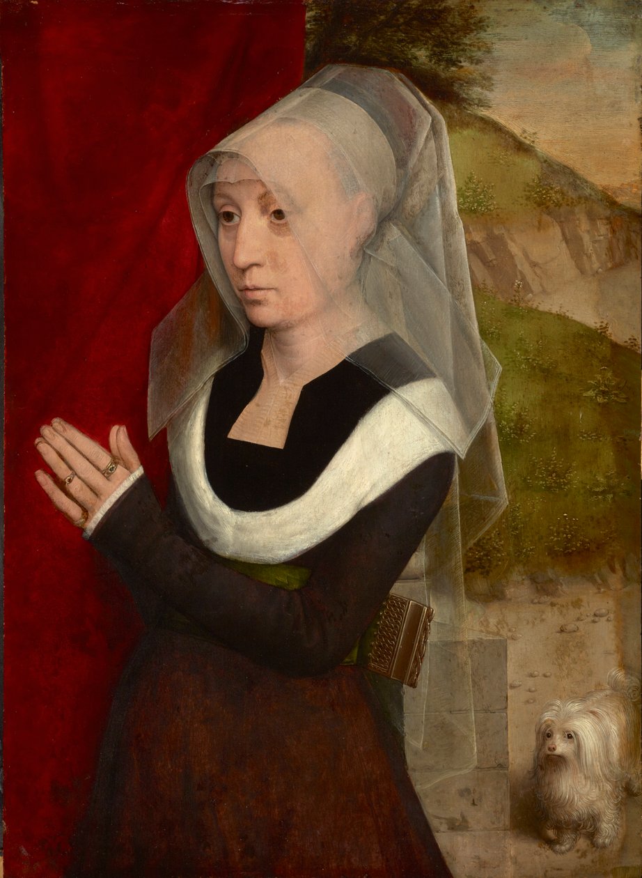 Femme en priere avec son chien - Bedende kvinde med sin hund, af Memling, Hans (1433/40-1494). Olie på træ af Hans Memling