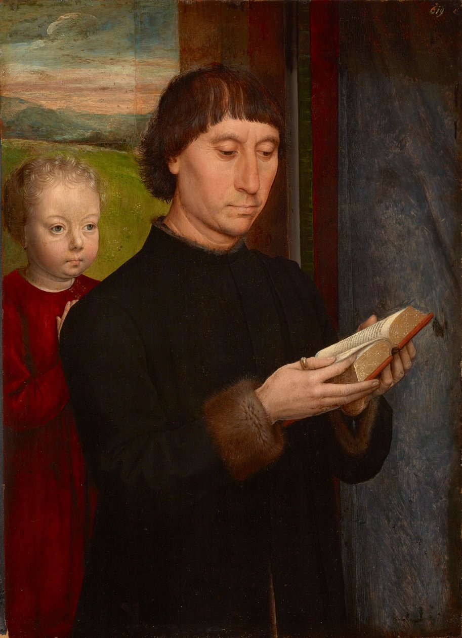 Homme en priere avec son fils defunt - Bedende mand med sin afdøde søn, af Memling, Hans (1433/40-1494). Olie på træ af Hans Memling