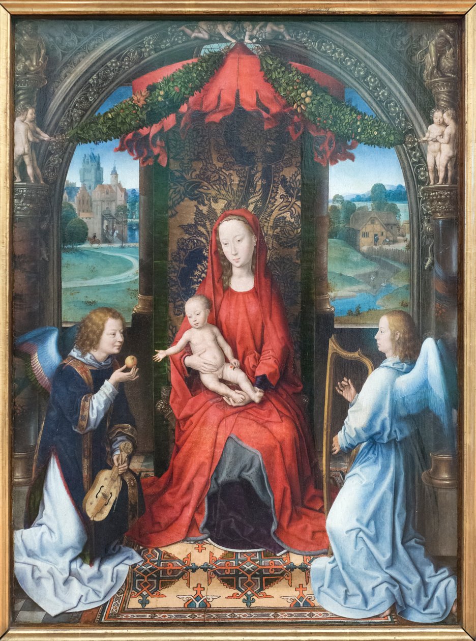 Madonna og Child troner med engle af Hans Memling
