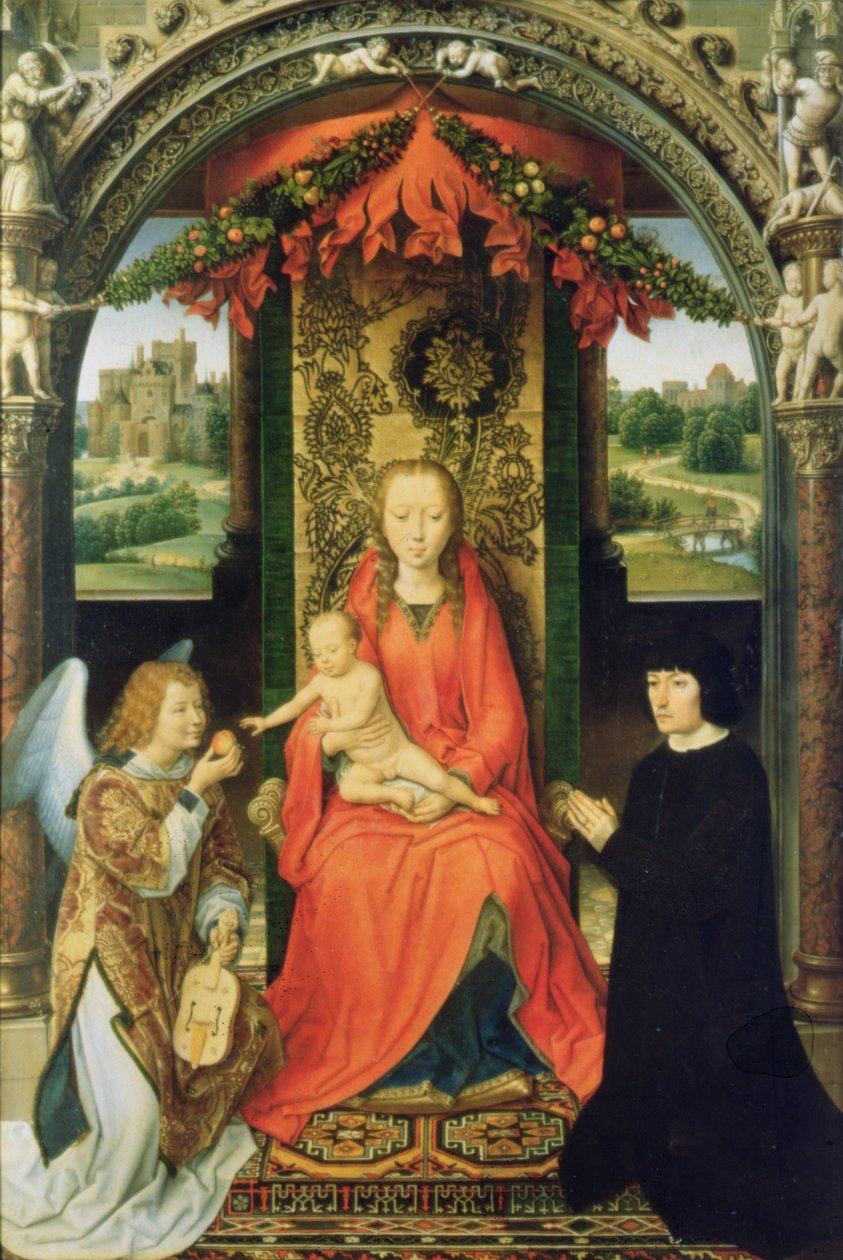Madonna og barn med donorer og en engel, centralt panel af en triptykon, 1485-90 (panel) af Hans Memling