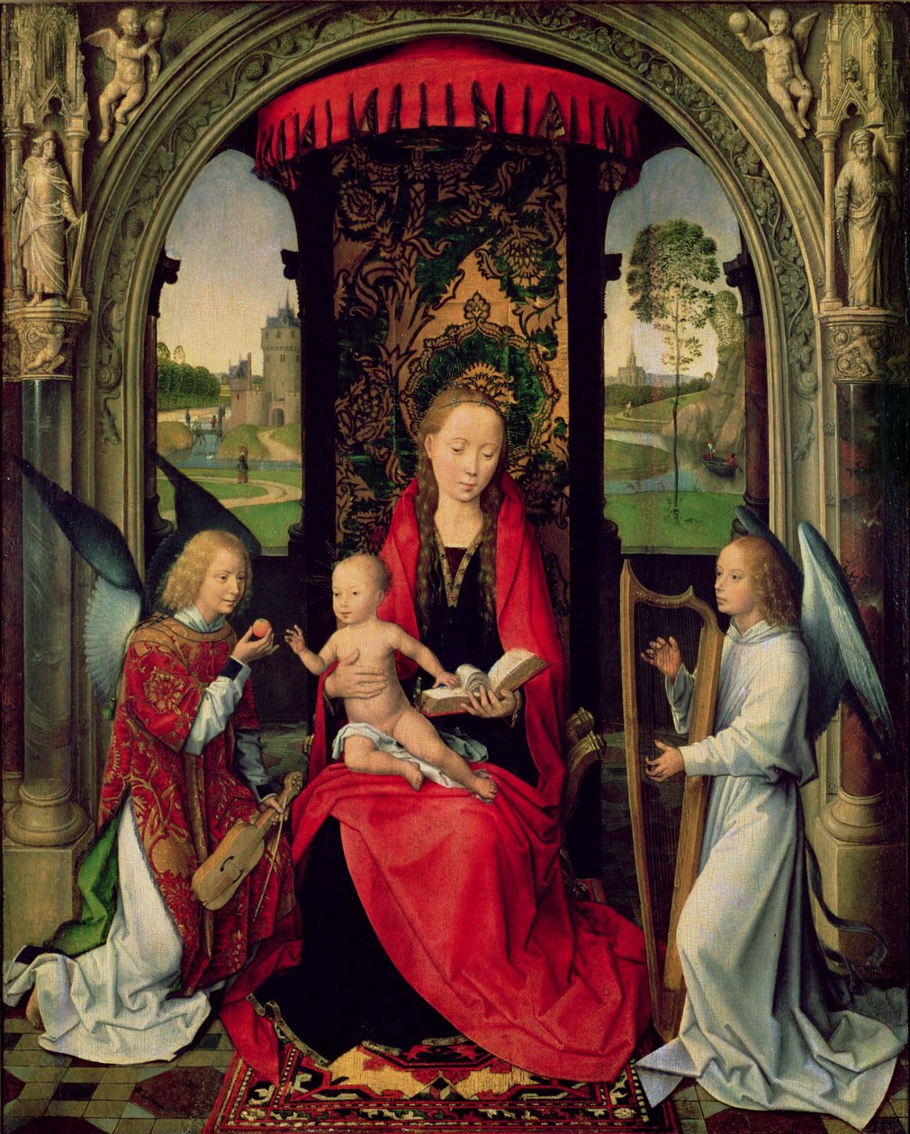 Madonna og barn med to engle (olie på panel) af Hans Memling