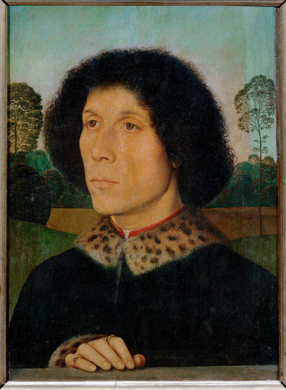 Portræt af mand med landskab (gispende) af Hans Memling