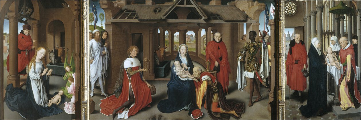 Fødsel. Magiernes tilbedelse. Præsentationen af Jesus ved templet, 1479-1480 af Hans Memling