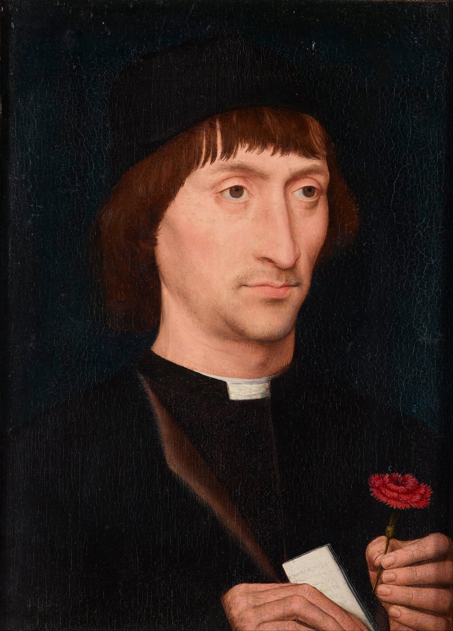 Portræt af en mand med en pink af Hans Memling
