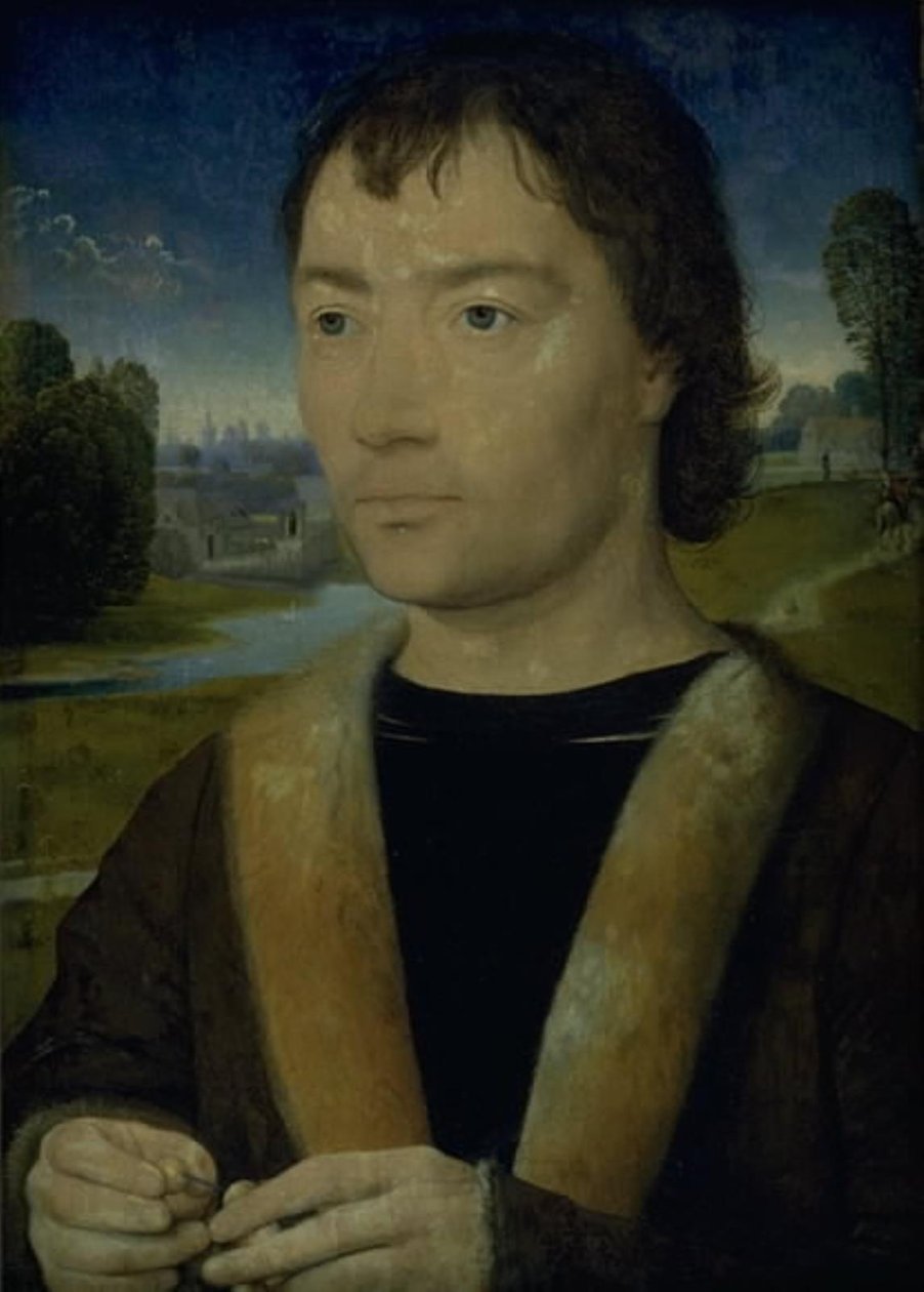 Portræt af en ung mand med en rosenkrans af Hans Memling