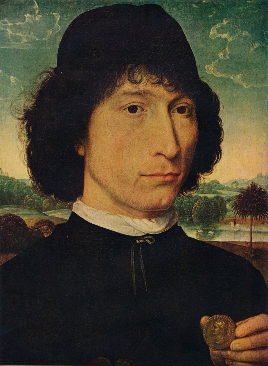 Portræt af en mand, der holder en mønt af kejser Nero, 1474 af Hans Memling