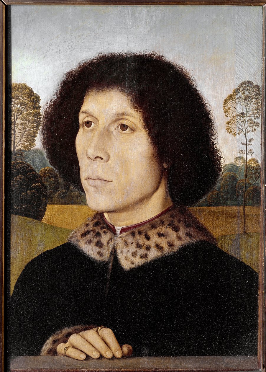 Portræt af en ukendt mand i et landskab (olie på træ af Hans Memling