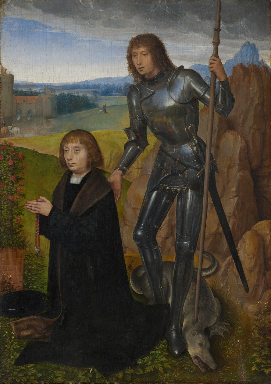 Et af to paneler i et diptykon: Den hellige Georg med en donor
(Ydersiden er skåret af; se inv.nr. 1401) af Hans Memling