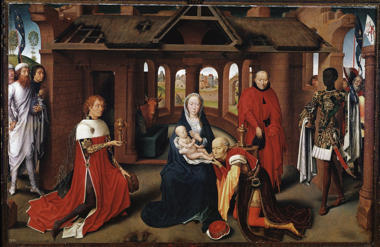 Magi som Charles the Temerary og Philip the Good. Centralpanel af Magi tilbedelse (Detrempe på træ af Hans Memling