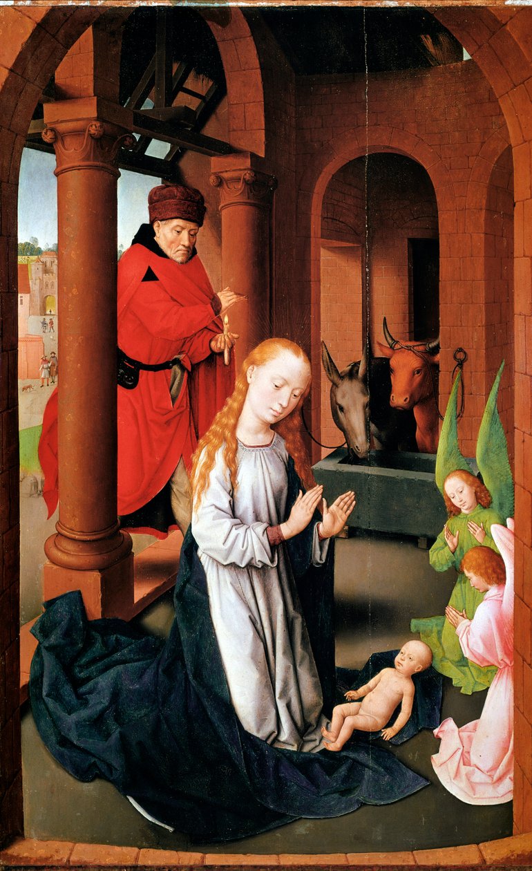 Fødselen. Venstre panel af tilbedelsens Triptykon (Detrempe på træ, ca. 1470) af Hans Memling