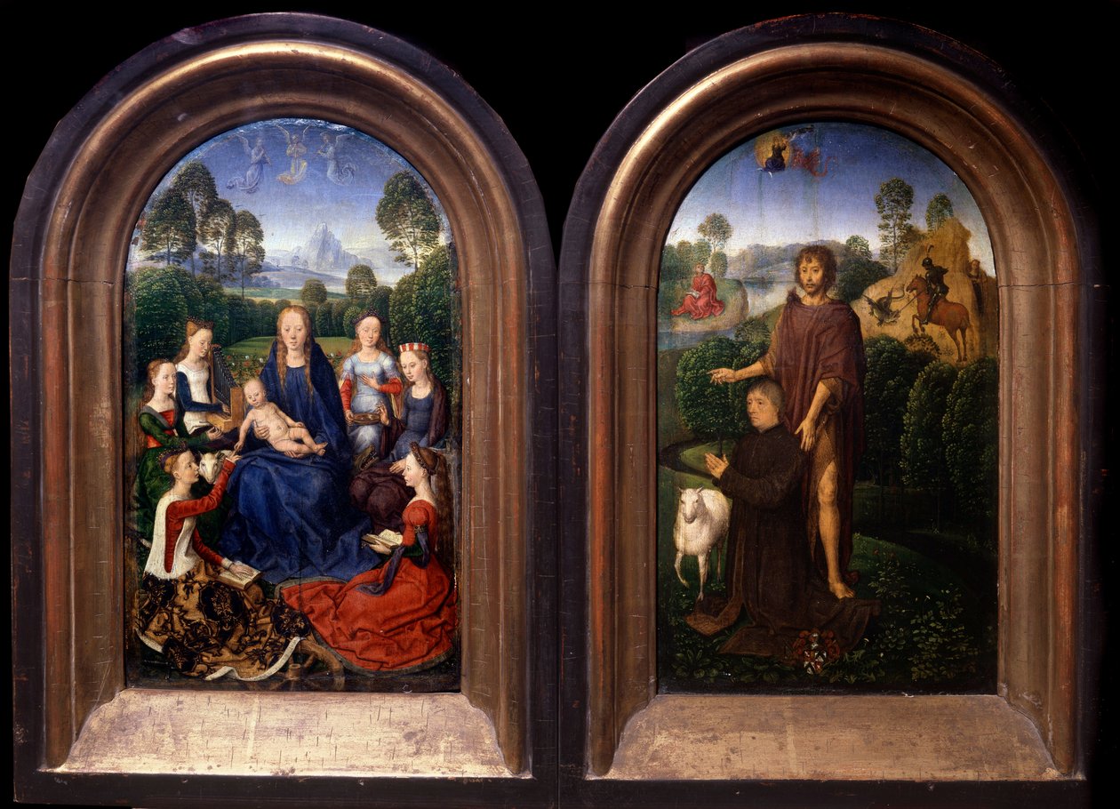 Jomfruen og barnet omgivet af Saintes, donoren og Sankt Johannes Døberen Diptykon - Maleri af Hans Memling (1435-1494) (ec flam) 1400-tallets Paris, Louvre-museet af Hans Memling