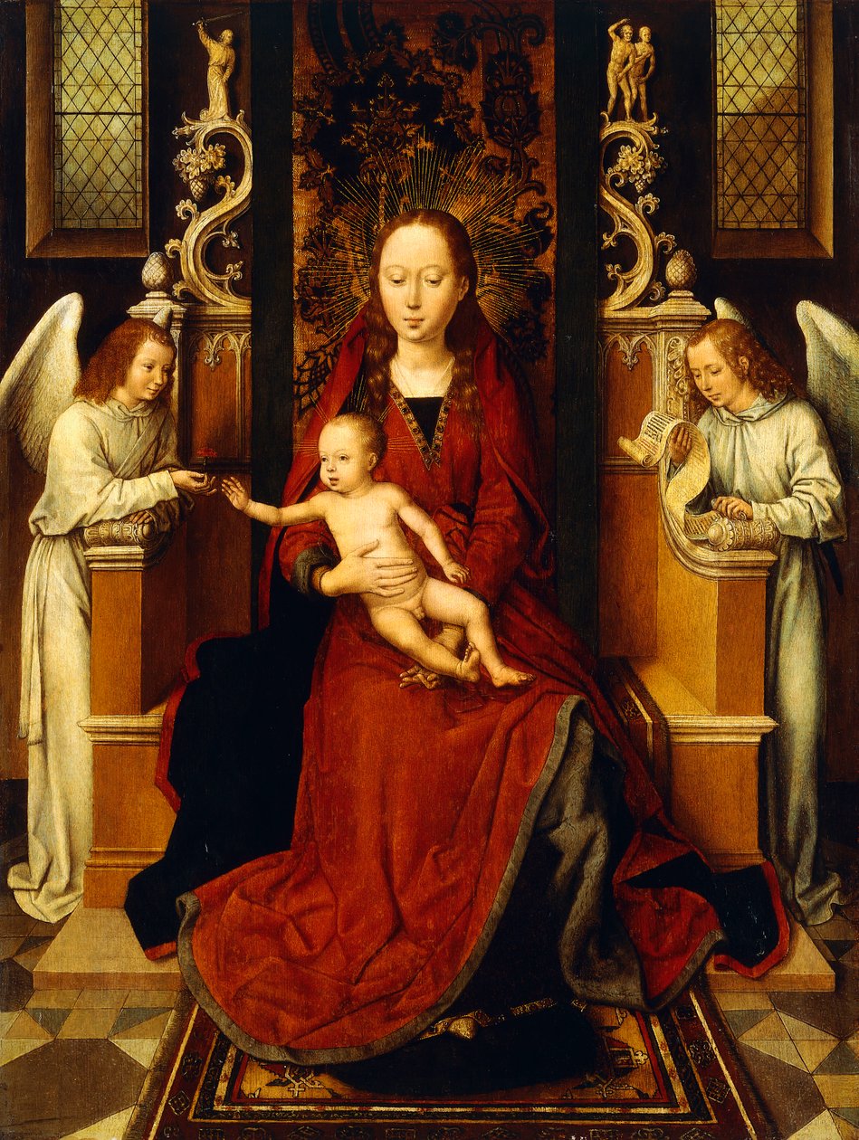 Jomfruen og barnet tronede med to engle, af Hans Memling