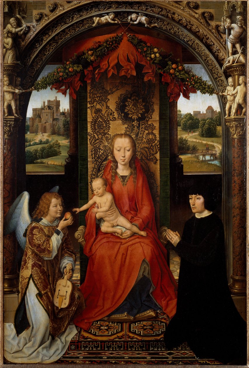 Jomfruen og barnet med donoren og en musikerengel. (Maleri, c.1485) af Hans Memling