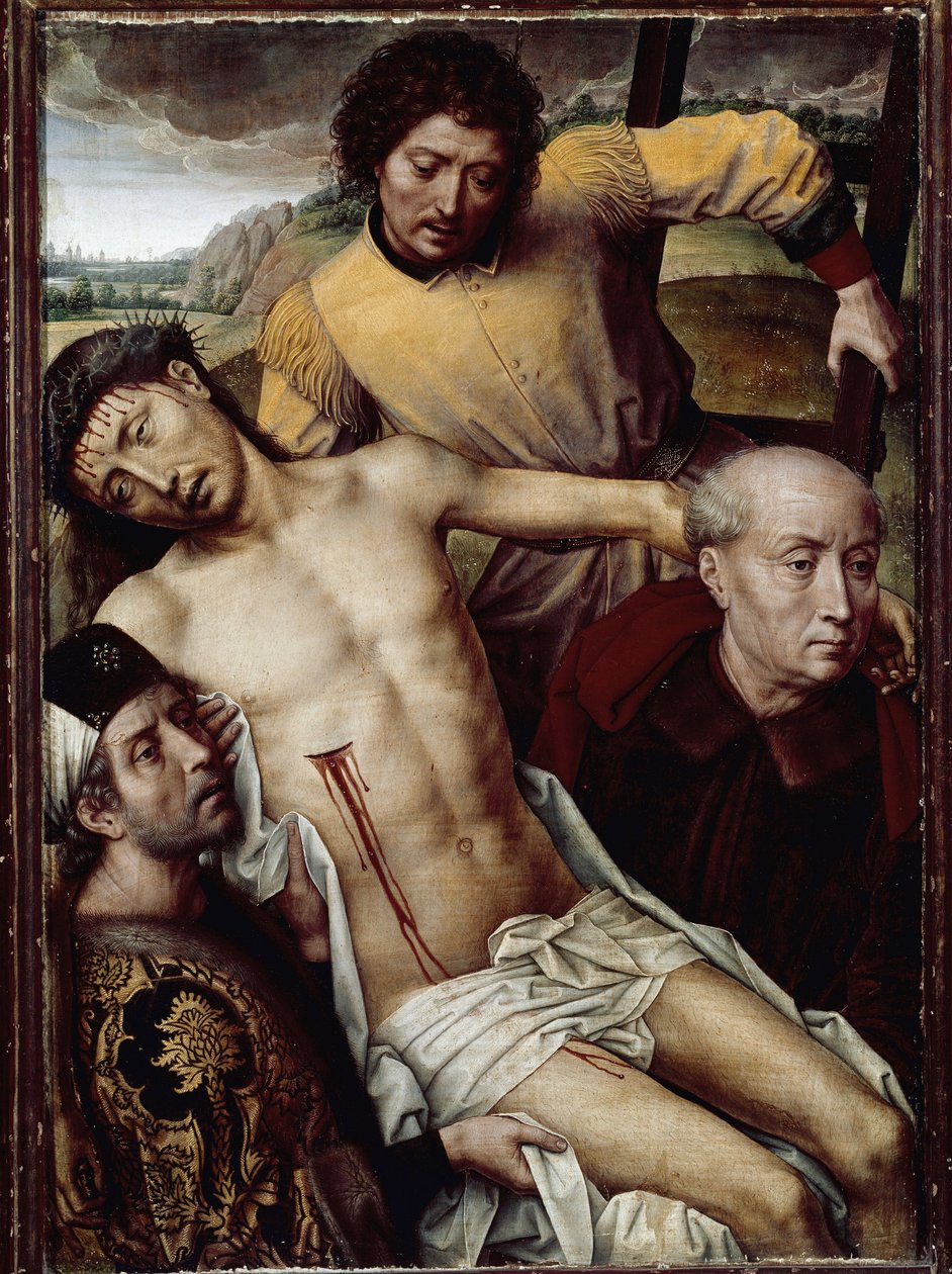 Korsets nedstigning (aflejring). Jesu Kristi legeme bæres af tre mænd, inklusive Josef af Arimathia (til venstre) og Nikodema (til højre). Maleri af Hans MEMLING (1433-1494), år 1470. Flamsk kunst. Olie på træ. Granada, Kongelig Kapel. af Hans Memling