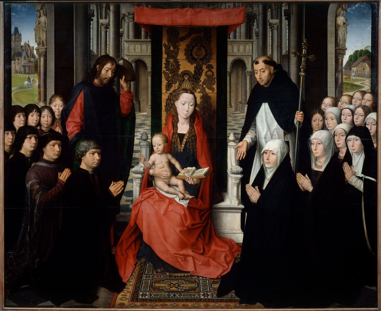 Jomfruen og barnet mellem Saint James og Saint Dominica præsenterer donorer eller jomfruen af Jacques Floreins. Maleri af Hans Memling (1435-1494) (ec.flam.) 1400-tallet søn. 1,3x1,6 m af Hans Memling