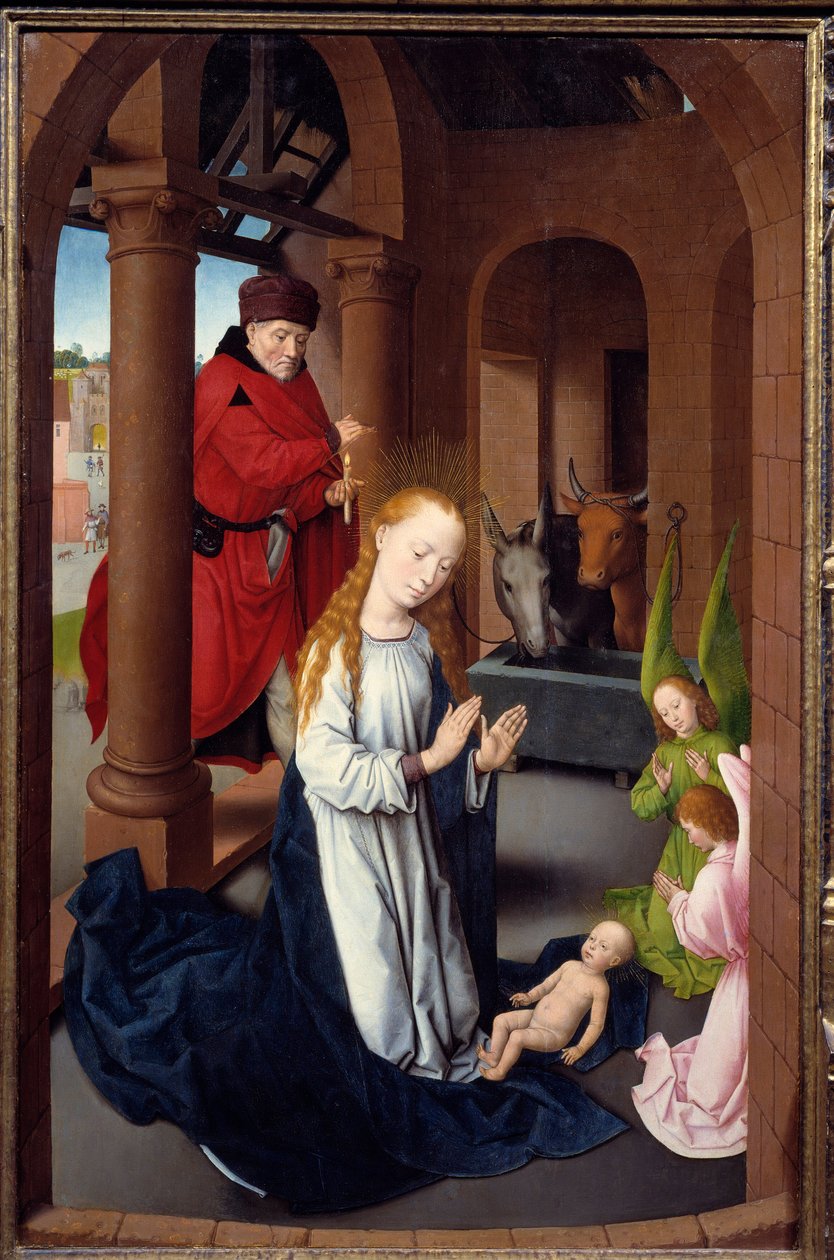 Triptykon af tilbedelse af magi. Detalje af venstre panel: La Nativite. Detrempe på træ af Hans Memling (1433-1494), ca. 1470. Madrid. Prado Museum af Hans Memling