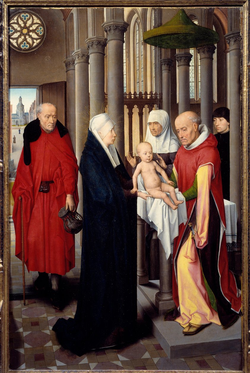 Triptykon af tilbedelse af magi. Detalje af højre panel: Præsentation ved templet. Detrempe på træ af Hans Memling (1433-1494), ca. 1470. Madrid. Prado Museum af Hans Memling